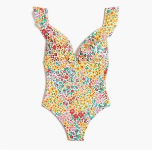 NWT J. Crew Floral ruffle-shoulder V-neck one-piece swimsuit. Large.